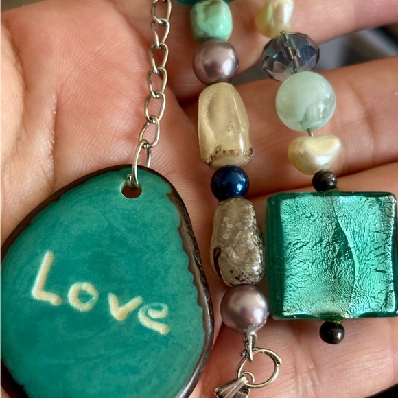 Upcycled jewelry Colorful Beaded bag charm with Love  and cross Charm - Picture 8 of 9